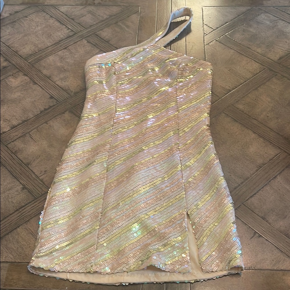 REVOLVE Sequin One-Shoulder Mini Dress - Gold & pink